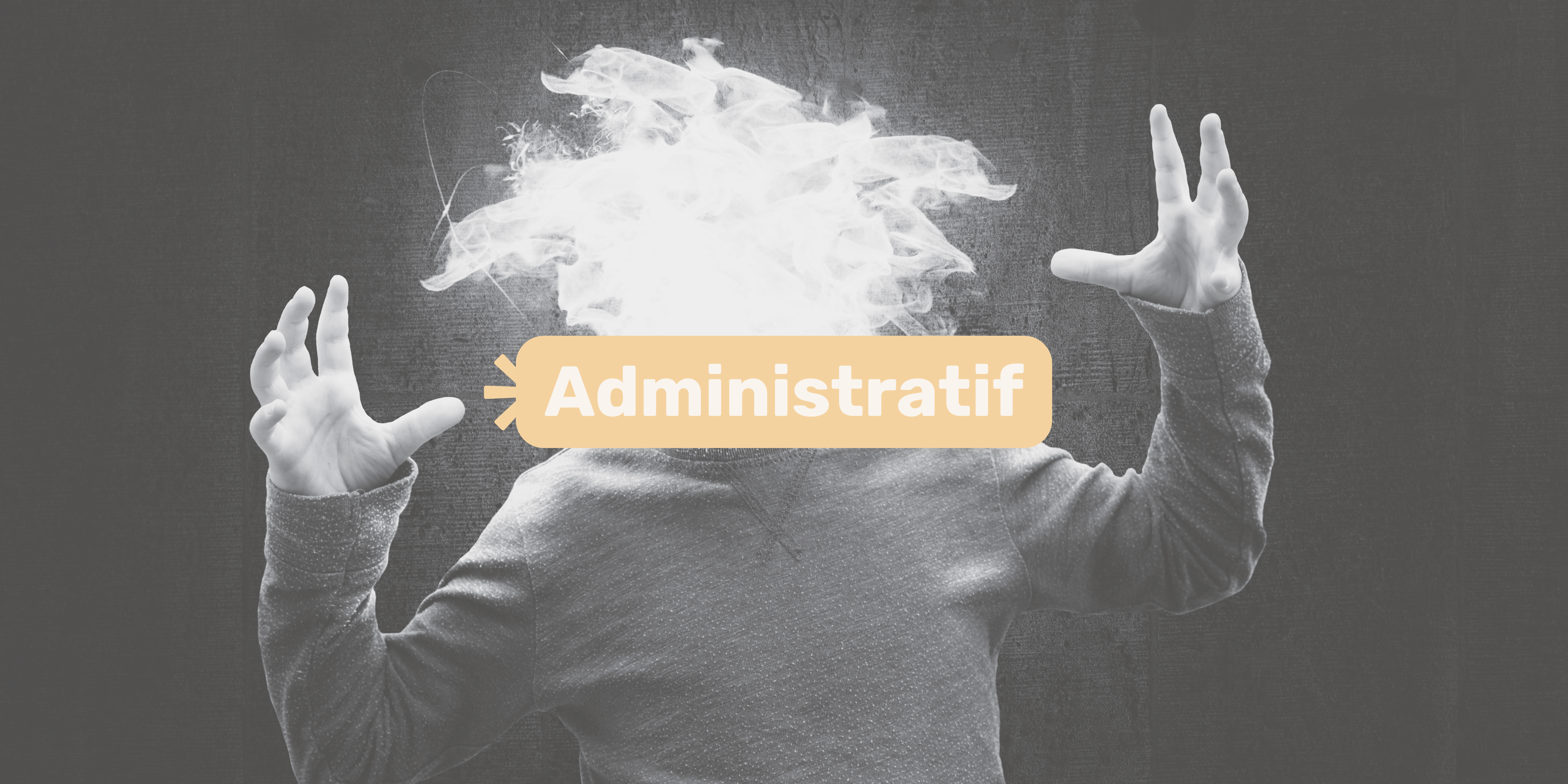 Homme d'affaires stressé dans un bureau sombre avec une explosion de documents administratifs, de factures et de dossiers Urssaf au-dessus de la tête.